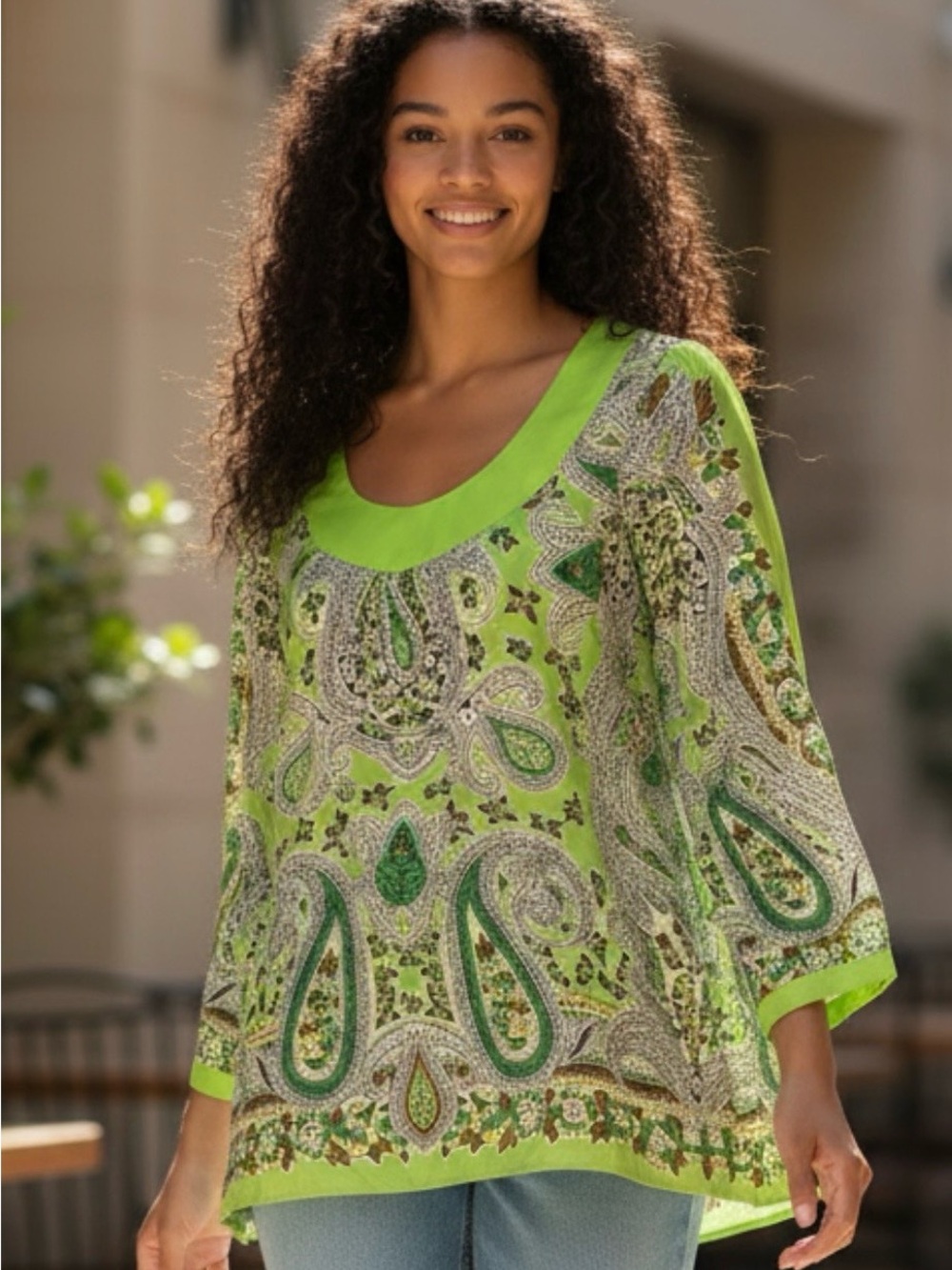 Tibi Vibrant Green Paisley 100% Silk Blouse